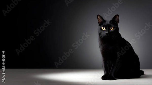 Fototapeta Dark studio portrait highlighting sleek black cat with piercing golden eyes, resting dramatically in soft illumination against shadowy background