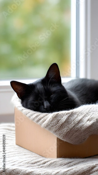Obraz Relaxed black cat nestling inside cardboard box, snuggled in knitted blanket on windowsill, basking in sunlight and peaceful slumber