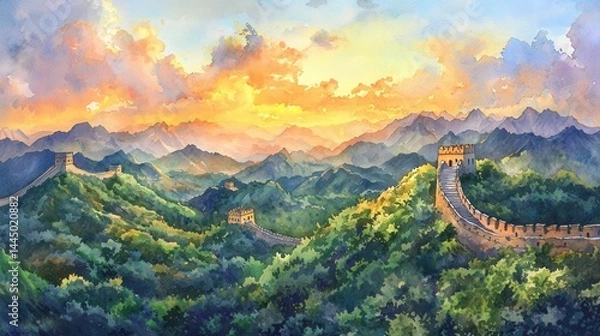 Obraz Winding Great Wall of China with Lush Green Mountains Under Colorful Sunset Sky