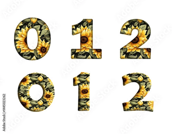 Fototapeta Sunflower Seamless Pattern 0, 1, 2, 3 Number letter text font  