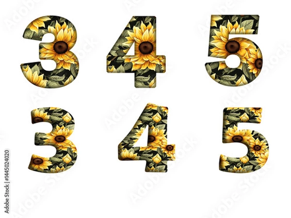 Fototapeta Sunflower Seamless Pattern 3, 4, 5, 6  Number letter text font  
