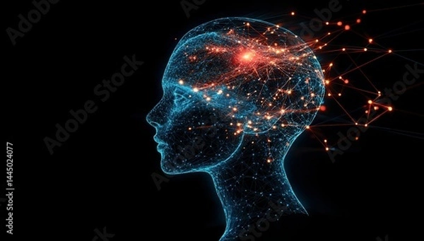Fototapeta Glowing Particle Head Profile with Fiery Brain Sparks