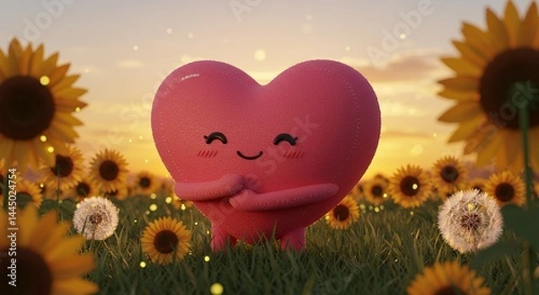 Fototapeta Heart Character in Sunflower Field at Sunset Embracing Itself