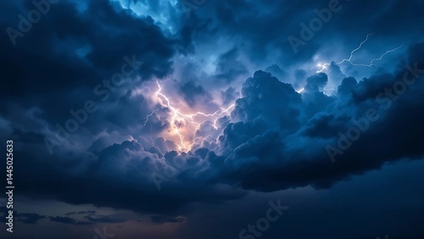 Fototapeta Dramatic sky filled with dark clouds and lightning bolts before a thunderstorm. Ideal for nature, disaster, or weather themes