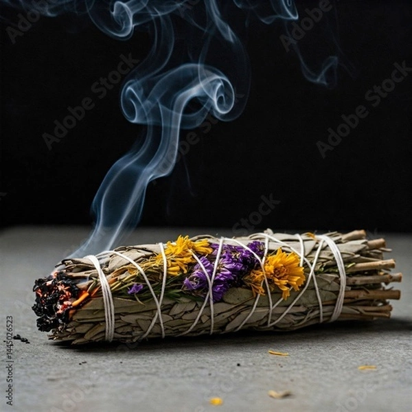 Fototapeta Smudging stick, tightly bound with string and adorned with small flowers, is smoking with tendrils of smoke rising from the burning end. Dark background.