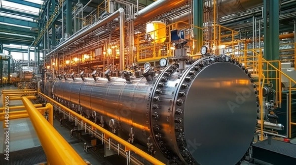 Obraz High-temperature furnaces in a reformer unit are actively processing hydrocarbons in an oil refinery, showcasing advanced industrial technology and safety measures in operation