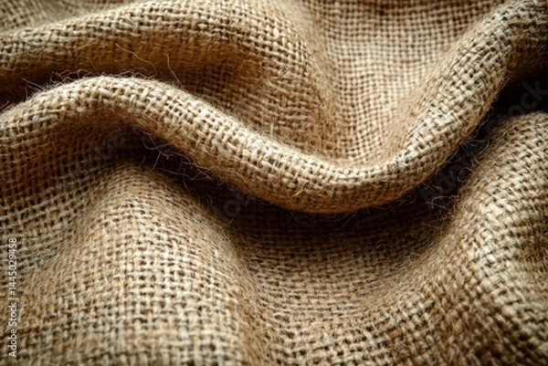 Fototapeta Close-up of textured, woven burlap fabric with soft, wavy folds and shadows.