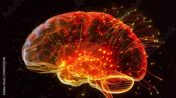 Fototapeta 
Glowing neural network with synaptic sparks, abstract brain hemisphere forming learning pathways - the essence of cognitive evolution