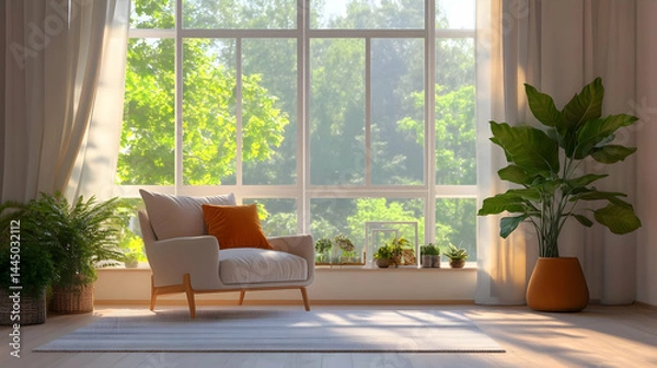Obraz Bright Airy Living Room with White Armchair and Green Plants Near Large Window with Natural Light Streaming Through Creating a Calm and Inviting Atmosphere