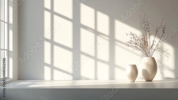 Obraz Minimalist White Vases with Dried Branches in Sunlight