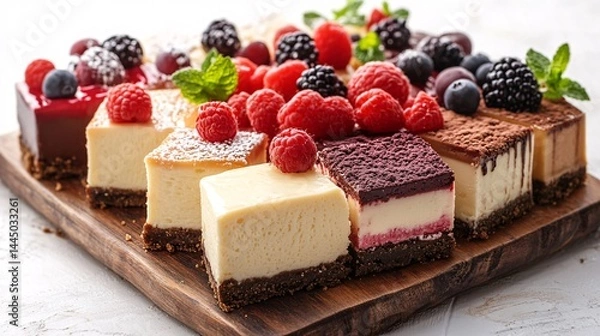 Obraz cheesecake arranged on a tray Photography white back background