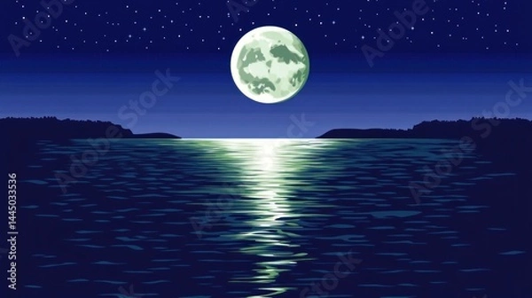 Fototapeta Majestic night scene featuring a large moon over tranquil water.