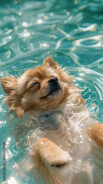 Fototapeta Cute small dog floating in clear water with closed eyes, relaxing in a sunny pool on a summer day
