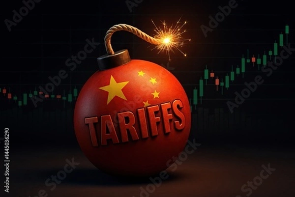 Fototapeta A lit bomb labeled "tariffs" with a Chinese flag, set against a rising stock market graph.