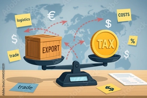 Fototapeta A scale balances an export crate and a tax coin, highlighting global trade, costs, and logistics on a world map background.