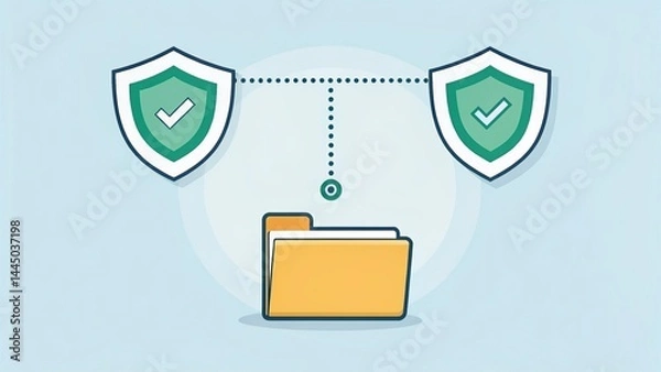 Fototapeta cybersecurity antivirus compliance, A yellow file folder with two security shields and check marks, symbolizing data protection and secure file storage.