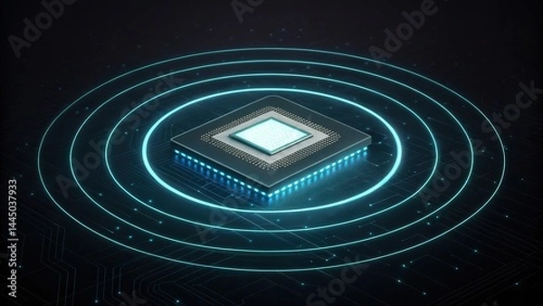 Obraz cybersecurity malware resilience, A glowing microchip surrounded by digital circuits and concentric light rings, symbolizing advanced technology and connectivity.