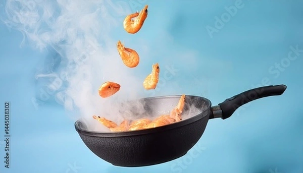 Fototapeta Juicy shrimp being tossed in a steaming hot frying pan against a blue background.