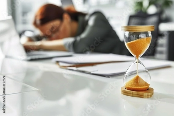 Fototapeta sand hourglass on a white office desk symbolizes time passing, with a tired woman resting in the background, reflecting stress, deadlines, and work-life balance challenges
