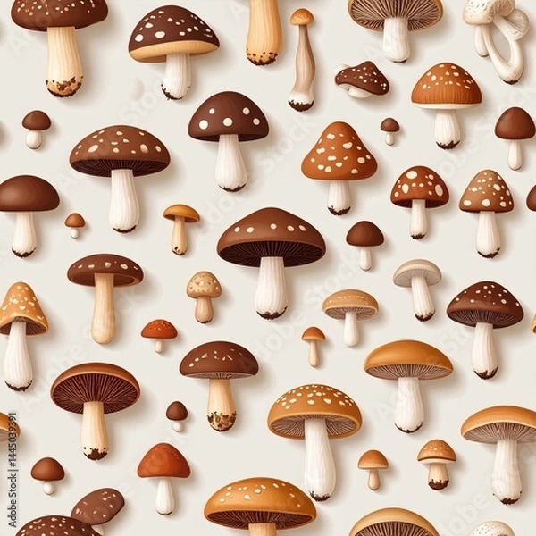 Fototapeta Seamless Pattern of Various Brown Mushrooms on Light Background