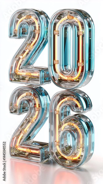 Obraz Futuristic Neon Glass 2026 Numbers in 3D Render on White Background