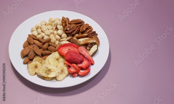 Fototapeta A variety of nuts and dried fruits on a plate on pink background. Hazelnuts, pecans, brazil nuts, almonds, dried strawberries and bananas. The concept of nutrition, diet, healthy eating and sports