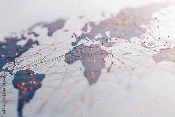 Obraz Connected World Map with Pins and Network Lines, White Background, Global Connections