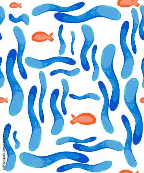 Fototapeta Abstract color seamless background or texture with lines and curves. Stylized sea waves and fish in blue and terracotta colors.