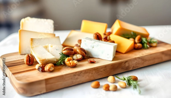 Obraz Cheese party table, perfect holiday appetizer with nut on rustic wooden board, watercolor. with white shades