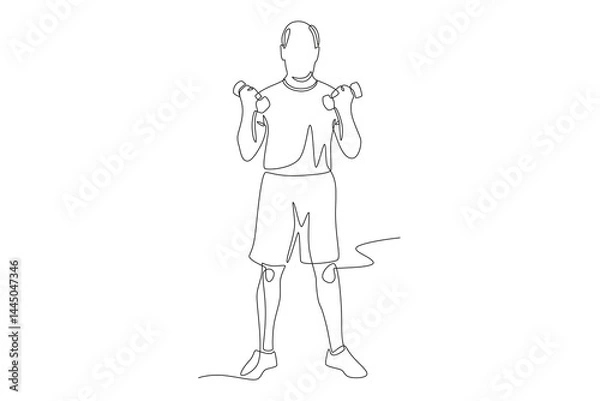 Obraz Old man lifting dumbbells. Oldman exercise concept one-line drawing