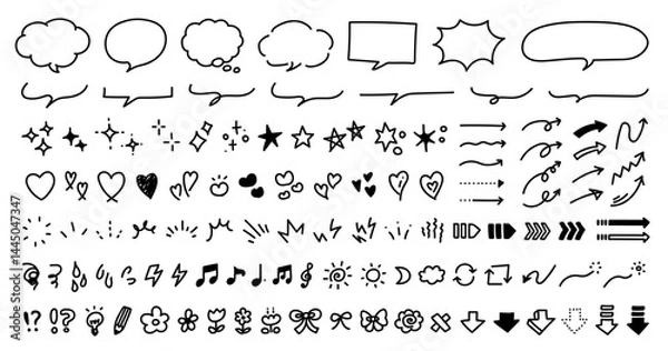 Obraz 手描きの装飾セット。かわいい線画。ふきだし、矢印、星、ハートなど。ペンで描いた感情のアイコン。