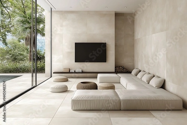 Fototapeta Beige Modern Minimalist Open Plan Living Room