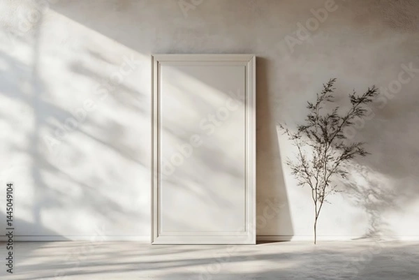 Fototapeta Beige Room Interior Minimalist Blank Canvas Frame Wall Design