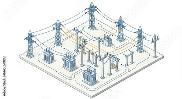 Obraz Electrical Power Distribution Network Isometric Illustration for Energy Technology and Infrastructure Design Projects