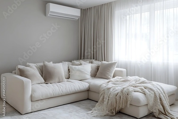 Fototapeta Beige Sectional Sofa in Modern Minimalist Living Room in Gray Shade
