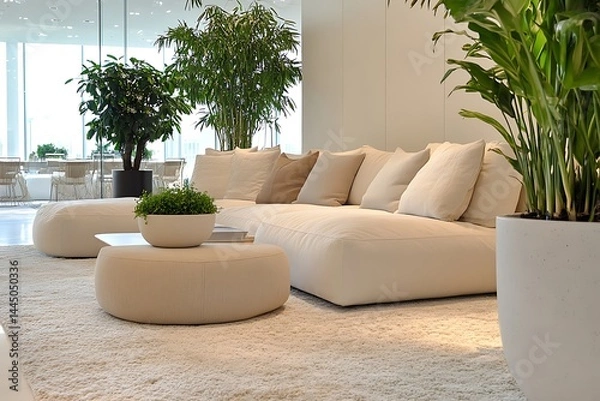 Fototapeta Beige Sectional Sofa in Modern Minimalist Living Room with Plants Beside
