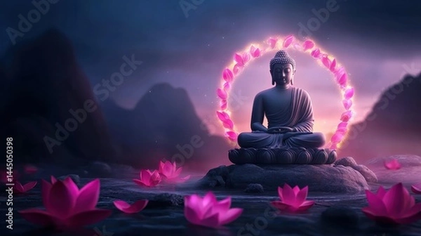 Obraz Buddha Statue Surrounded by a Glowing Circle of Light and Pink Lotus Flowers on Water During Twilight