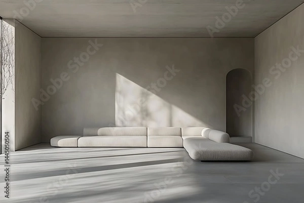 Fototapeta Beige Sectional Gray Shade Sofa in Modern Minimalist Living Room