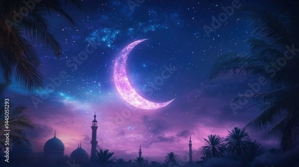 Obraz Crescent Moon and Star Glowing Softly Above a Mosque at Night with Colorful Clouds and a Starry Sky