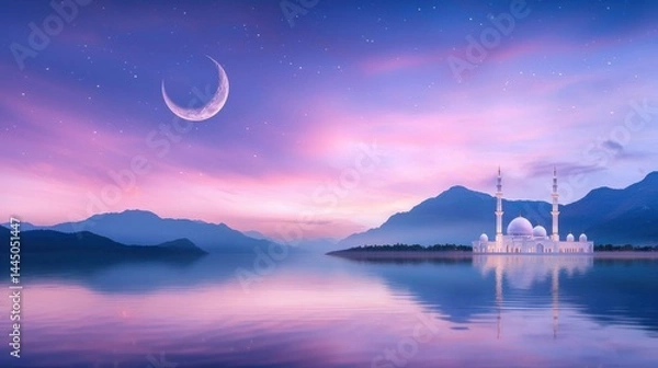 Obraz Crescent Moon Glowing Above Mosque Reflecting in Serene Water Landscape at Twilight