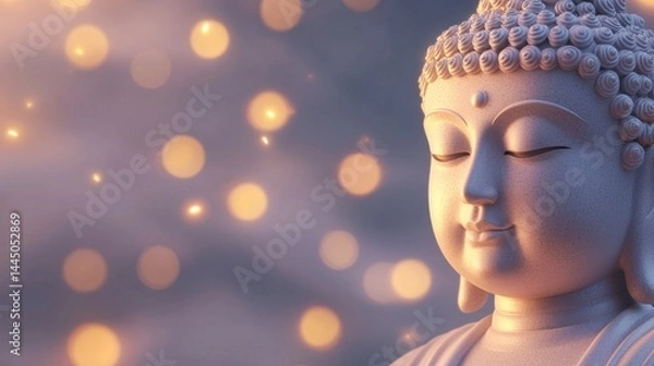 Obraz Serene Face of Buddha Sculpture Glowing Softly with Golden Light Against a Blurred Background