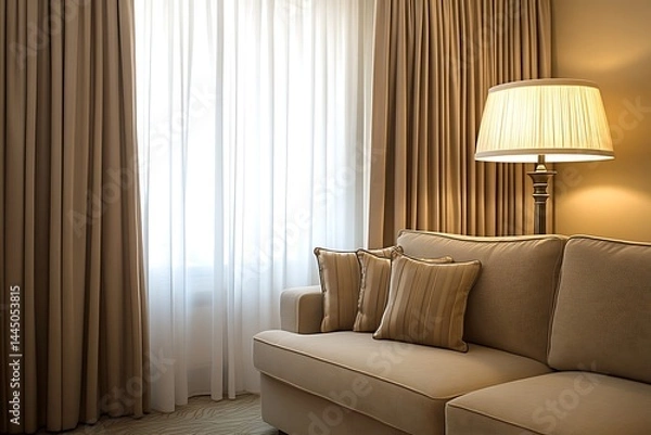 Fototapeta Beige Sofa Natural Light Sheer Curtains Lamp Interior Design