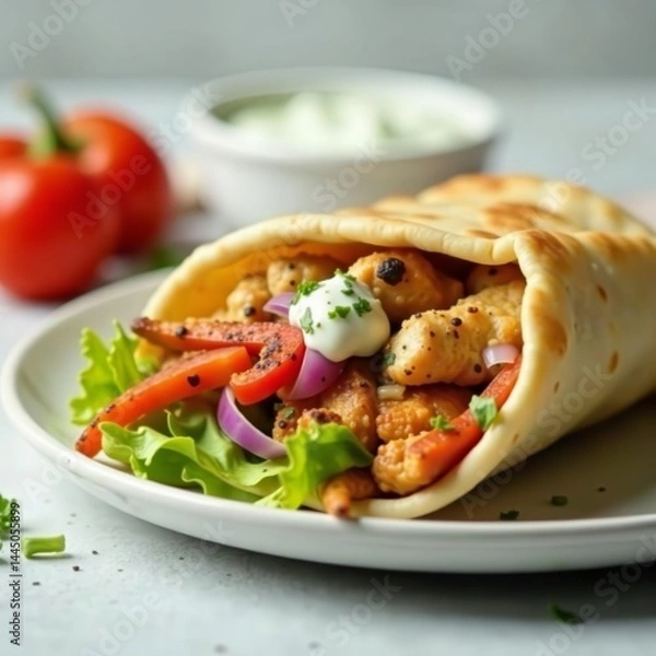 Fototapeta Mouthwatering image of a fresh pita pocket stuffed with succulent grilled chicken, peppers, onions, and tzatziki sauce, kebab, dinner, grilled