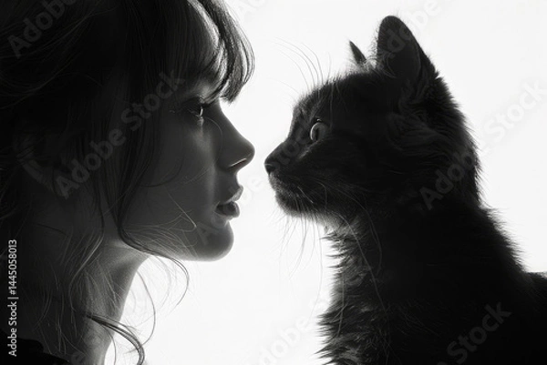Fototapeta A young woman and a black cat look at each other close-up, exchanging deep glances that reflect trust, connection and the special bond between humans and animals. Black and white image