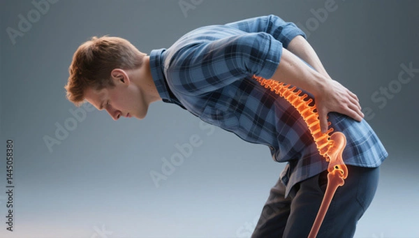 Obraz A Man in a Blue Plaid Shirt Bending Over with Visible Lower Back and Hip Pain as His Spine and Pelvic Bone Are Highlighted