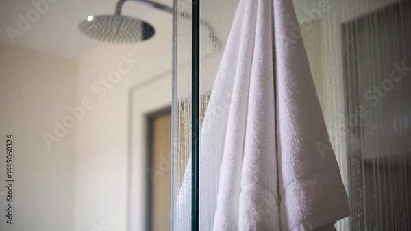 Obraz A close-up of a white towel hanging beside a glass rainfall shower