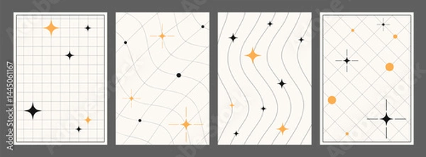 Fototapeta Retro vertical posters, set of techno backgrounds and paper covers in y2k aesthetics. 2000s covers, backdrops and pages with geometric and distorted grids and blinks. Vector design elements.
