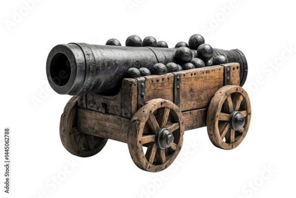 Fototapeta Ancient Cannon on Wheels Powerful Artillery for Historical Settings on transparent background