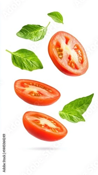 Fototapeta Fresh Sliced Tomato with Green Basil Leaves Floating On a White Background Culinary Delight Harmony