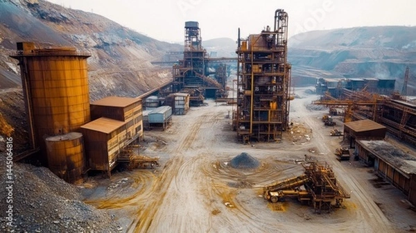 Obraz Overview of a large rare metals production complex showcasing several structures and heavy machinery. The location emphasizes industrial activity in a sprawling terrain with a dusty environment